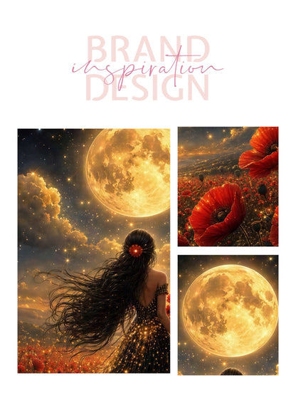Framed Canvas - Vibrant Poppies Whimsical Full Moon Bride in Poppy Field, Wall Art Ready to hang Oil Painting Original Artwork Print Black Wedding Dress