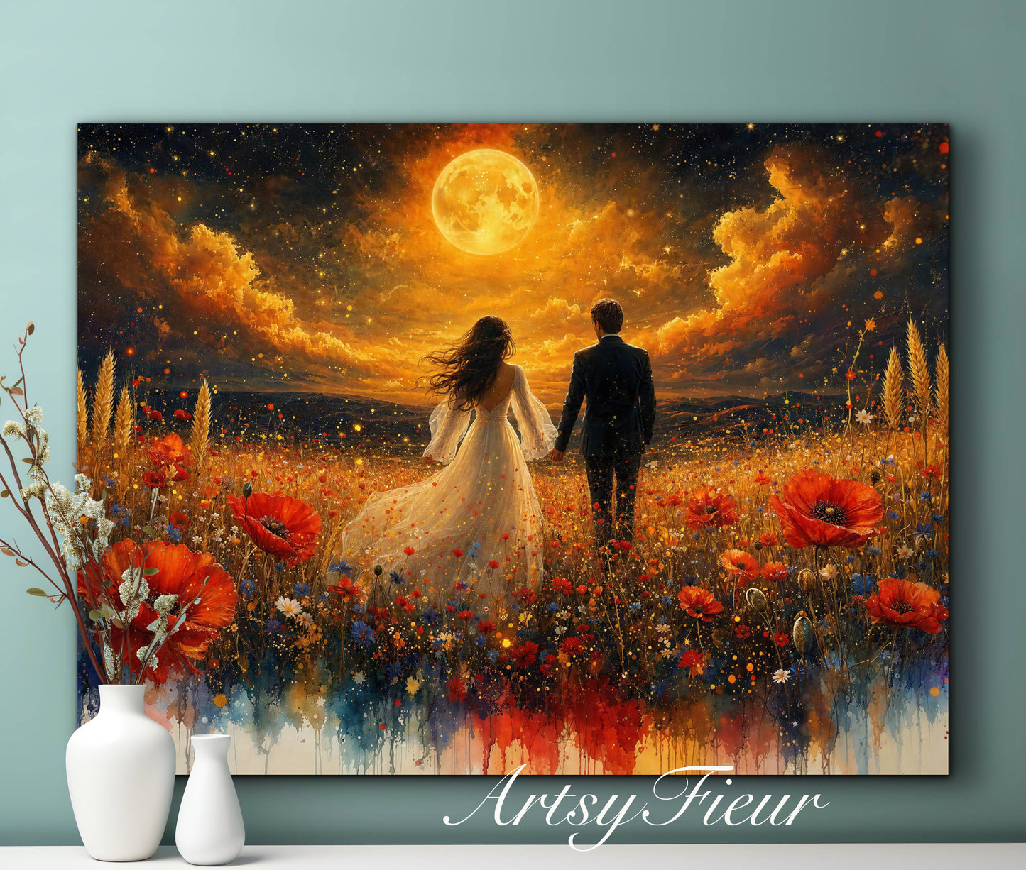 Framed canvas- whimsical full moon sunset -bride and groom, wedding gift, fantasy oil painting bedroom wall art print floral poppies field colourful vibrant colours