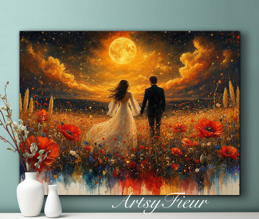 Framed canvas- whimsical full moon sunset -bride and groom, wedding gift, fantasy oil painting bedroom wall art print floral poppies field colourful vibrant colours