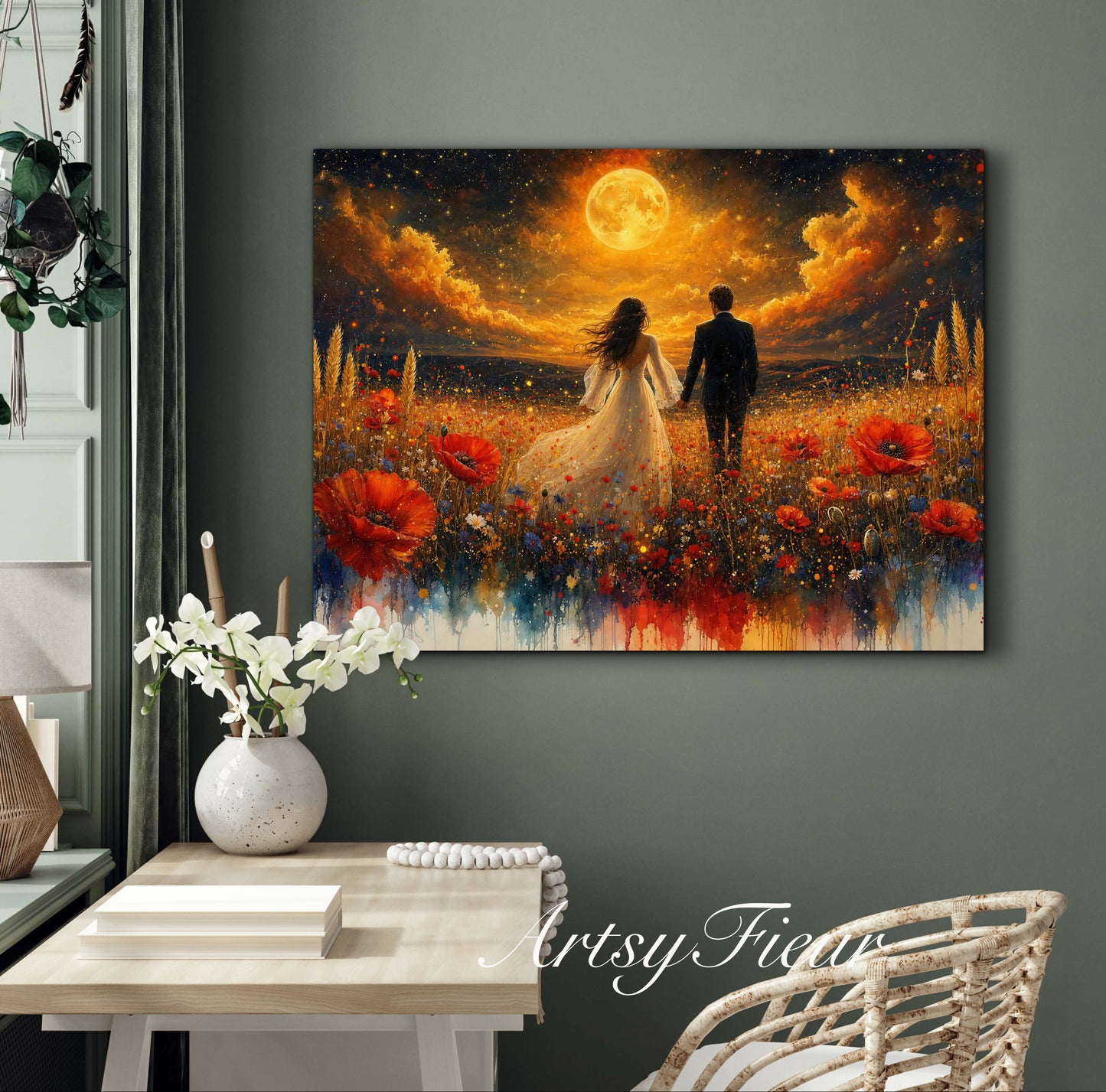 Framed canvas- whimsical full moon sunset -bride and groom, wedding gift, fantasy oil painting bedroom wall art print floral poppies field colourful vibrant colours