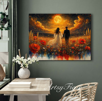 Framed canvas- whimsical full moon sunset -bride and groom, wedding gift, fantasy oil painting bedroom wall art print floral poppies field colourful vibrant colours