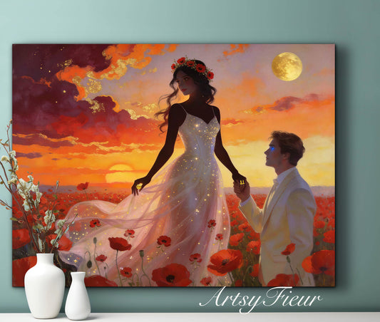 Framed canvas- whimsical full moon sunset bride and groom, wedding, poppy field, vibrant colours living room original artwork, fantasy watercolour paintingwall art print