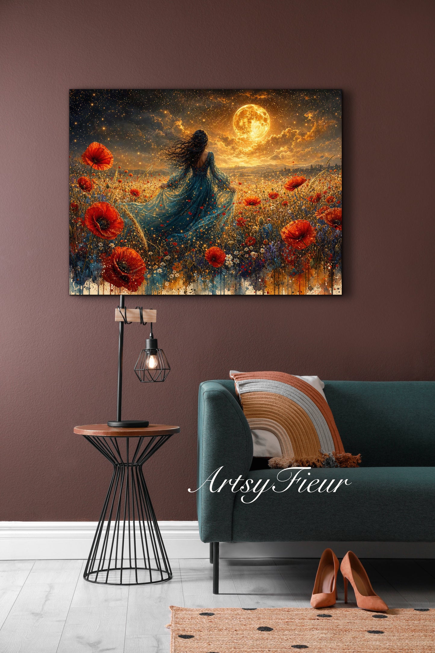 Framed Canvas - Vibrant poppies and wildflowers Whimsical Full Moon starry night sky Bride in Poppy Field, Wall Art Ready to hang original Artwork Print Blue Dress