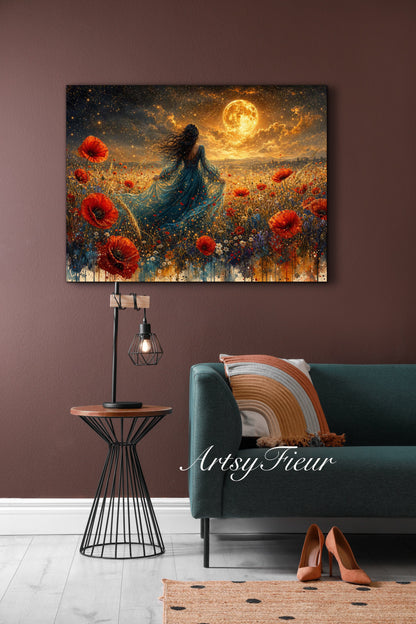 Framed Canvas - Vibrant poppies and wildflowers Whimsical Full Moon starry night sky Bride in Poppy Field, Wall Art Ready to hang original Artwork Print Blue Dress