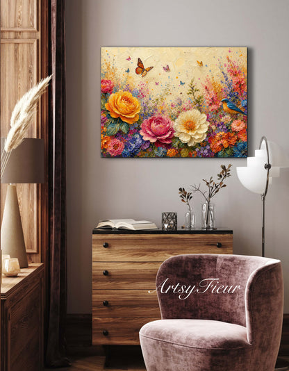 Framed Canvas Print- Vibrant Wildflowers and Petunias Oil Painting Textured Wall Art , Beautiful Original Artwork Ready to Hang Living Room, Floral
