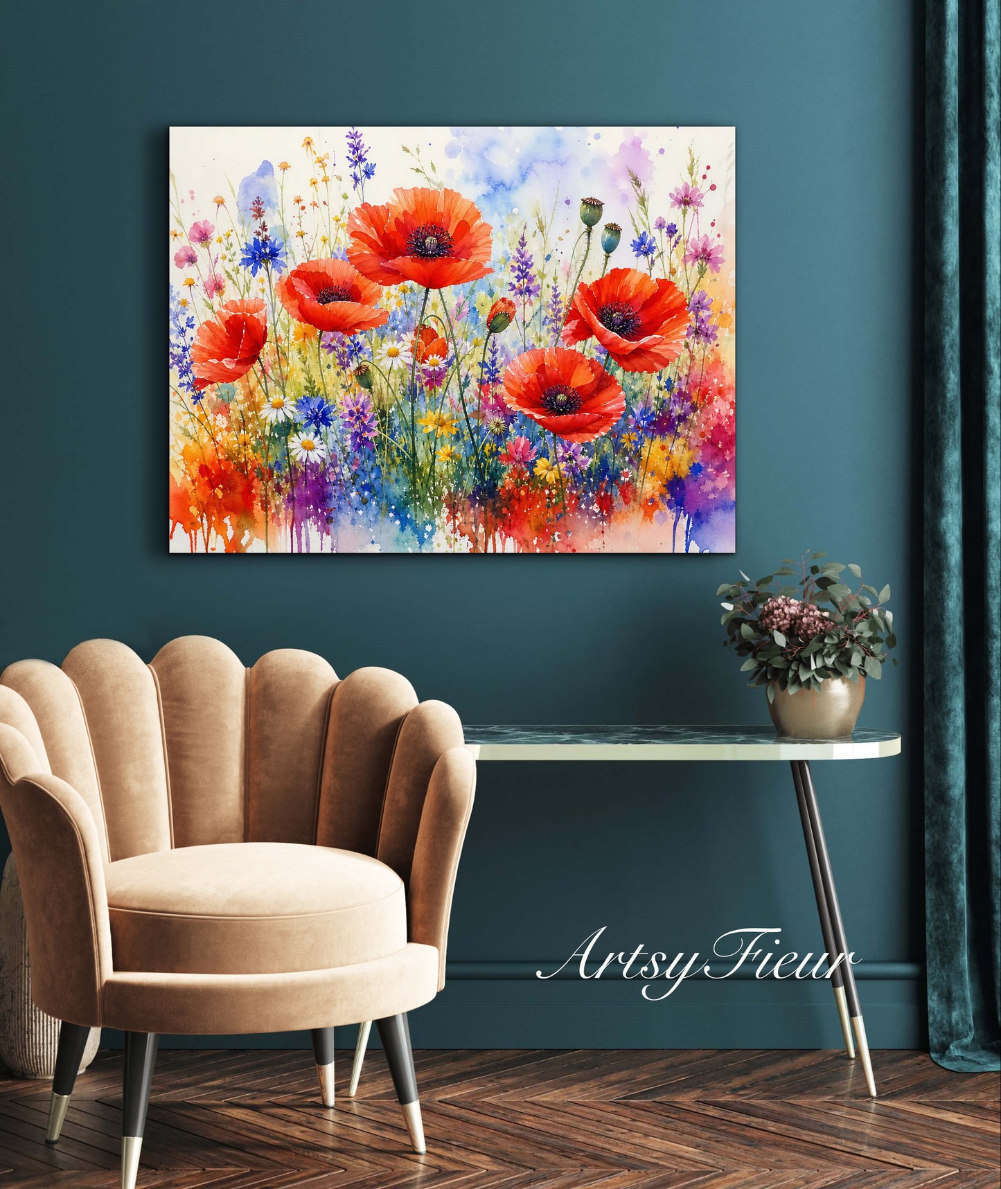 Framed canvas- ready to hand wall art print, beautiful vibrant colours watercolour fantasy painting poppy wildflowers ,floral landscape, unique gift, one of a kind original artwork