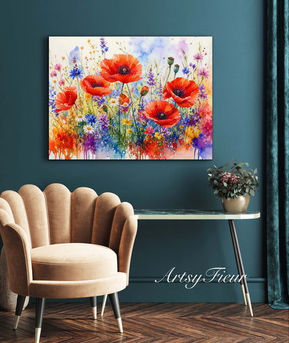 Framed canvas- ready to hand wall art print, beautiful vibrant colours watercolour fantasy painting poppy wildflowers ,floral landscape, unique gift, one of a kind original artwork