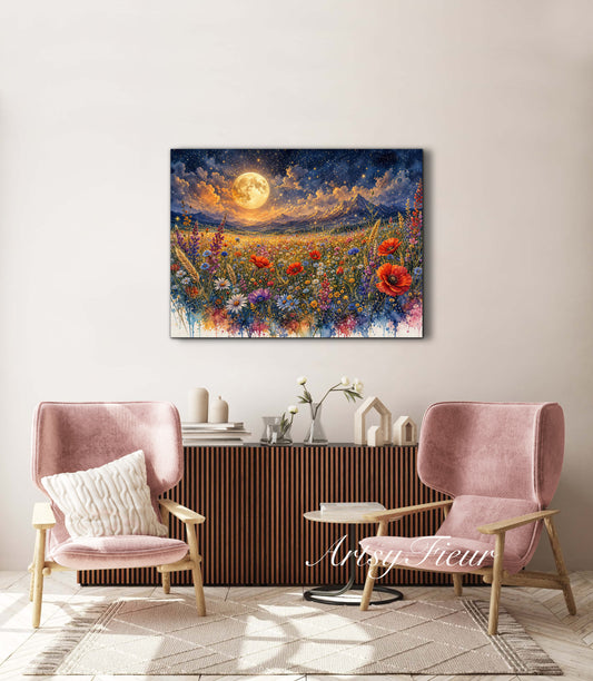 Framed Canvas Print- Vibrant Wildflowers and Poppies Oil Painting Textured Wall Art , Beautiful Original Artwork Ready to Hang Living Room, Floral