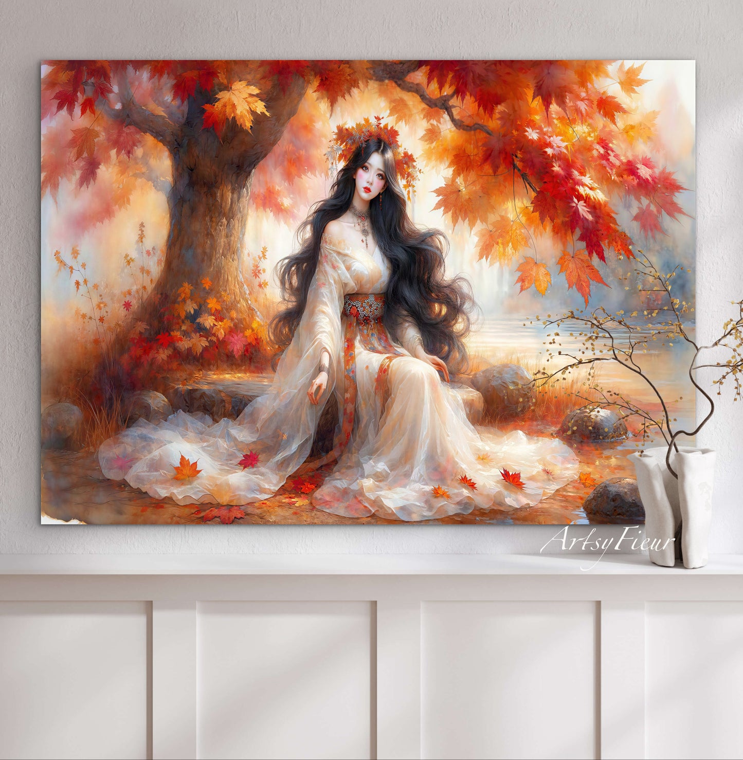 Framed Canvas- Vibrant Colours Beautiful Brunette Asian Woman Under the Maple Tree Abstract Portrait Original Artwork Fantasy Autumn Wall Art Print