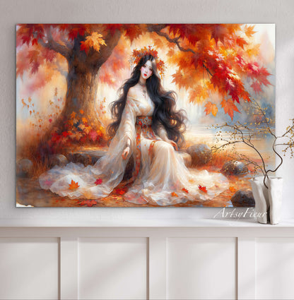 Framed Canvas- Vibrant Colours Beautiful Brunette Asian Woman Under the Maple Tree Abstract Portrait Original Artwork Fantasy Autumn Wall Art Print