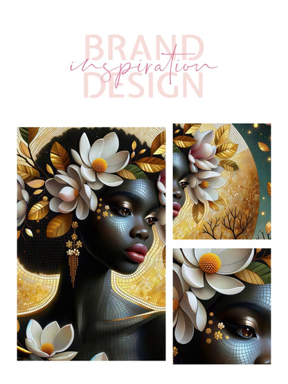 Framed Canvas- Vibrant Magnolia Flowers Beautiful Black Woman’s Abstract Portrait Mosaic Original Artwork Fantasy Wall Art Print