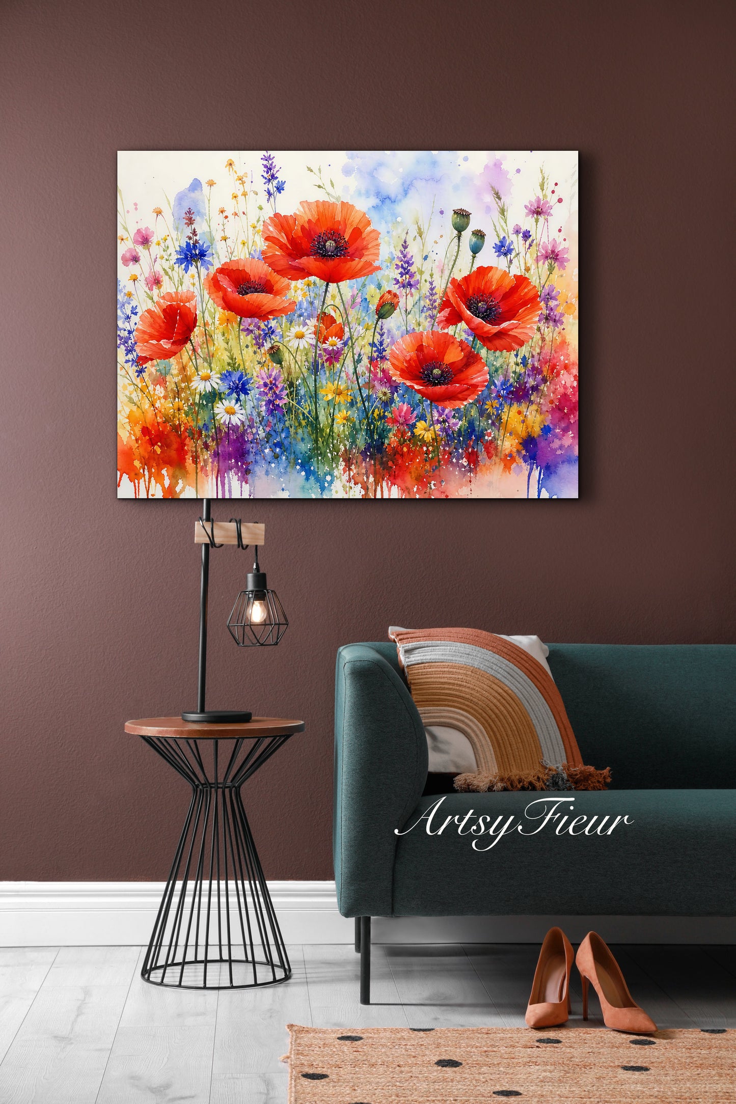 Framed canvas- ready to hand wall art print, beautiful vibrant colours watercolour fantasy painting poppy wildflowers ,floral landscape, unique gift, one of a kind original artwork