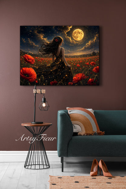 Framed Canvas - Vibrant Poppies Whimsical Full Moon Bride in Poppy Field, Wall Art Ready to hang Oil Painting Original Artwork Print Black Wedding Dress