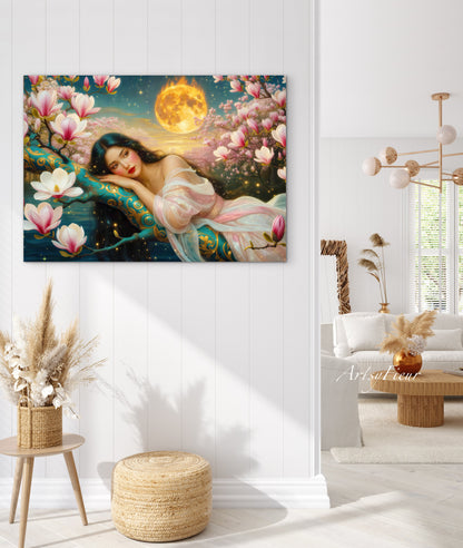 Framed Canvas- Vibrant Magnolia Flowers Beautiful Brunette Woman’s Abstract Portrait Original Artwork Fantasy Wall Art Print