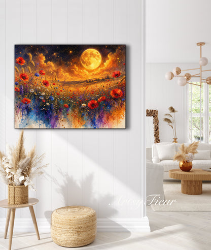 Framed Canvas Print- Vibrant Wildflowers and Poppies Oil Painting Textured Wall Art , Beautiful Original Artwork Ready to Hang Living Room, Floral
