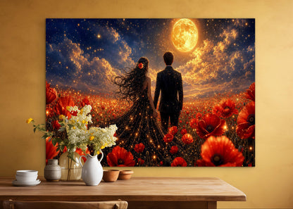 Framed canvas- whimsical full moon sunset bride and groom, black wedding dress poppy field, vibrant colours living room original artwork, fantasy oil painting wall art print