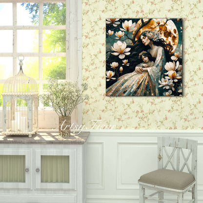 Framed canvas- ready to hang wall art print, abstract mother and daughter portrait Mosaic Magnolia Flowers Whimsical Full Moon