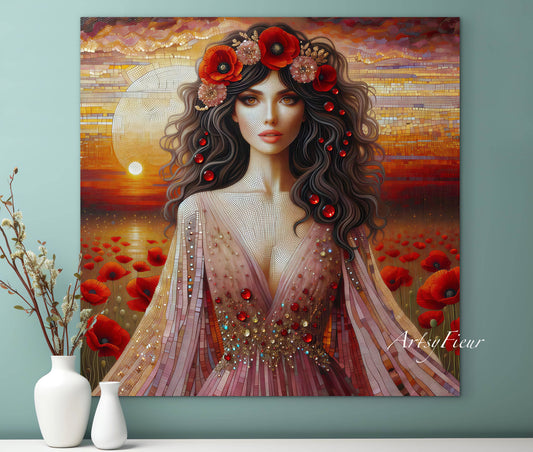 Framed canvas- Original Artwork Vibrant Poppies watercolour floral painting beautiful brunette woman ready to hang wall art print, abstract portrait