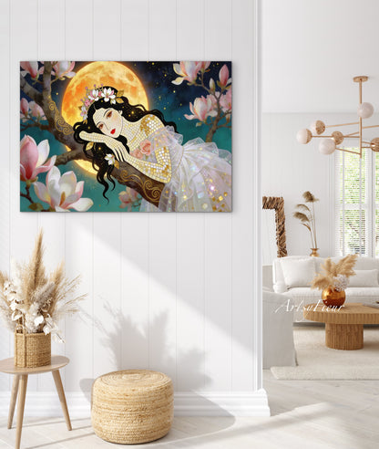 Framed Canvas- Vibrant Magnolia Flowers Beautiful Brunette Woman’s Abstract Portrait Mosaic Original Artwork Fantasy Wall Art Print Mother Nature