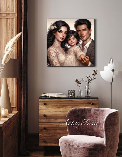 Framed canvas- ready to hang wall art print, colourful drawing abstract family portrait mother and daughter colourful drawing