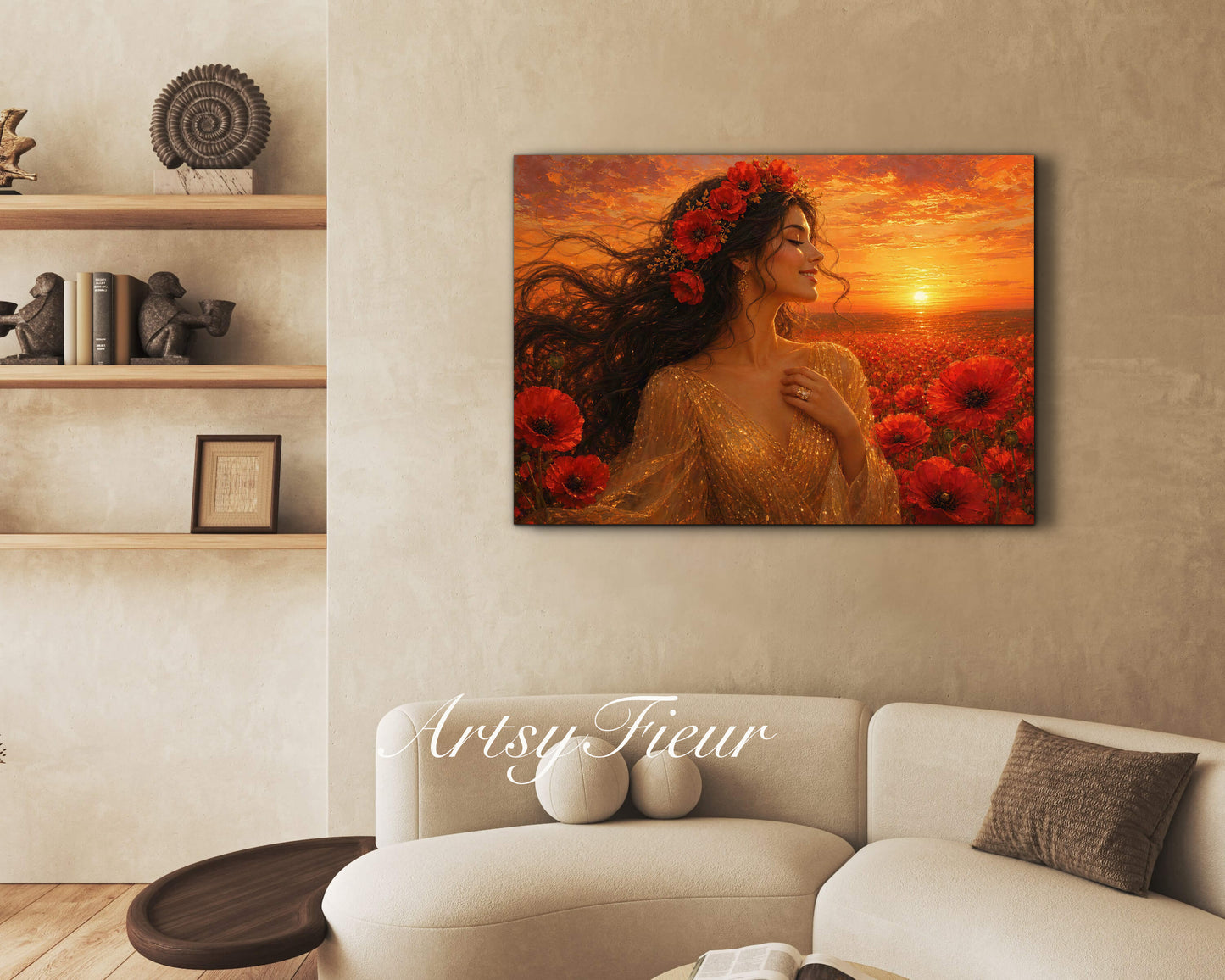 Framed Canvas - Vibrant Poppies Whimsical Full Moon Bride in Poppy Field, Wall Art Ready to hang Oil Painting Original Artwork Print