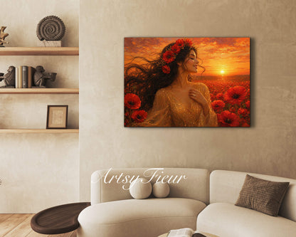 Framed Canvas - Vibrant Poppies Whimsical Full Moon Bride in Poppy Field, Wall Art Ready to hang Oil Painting Original Artwork Print