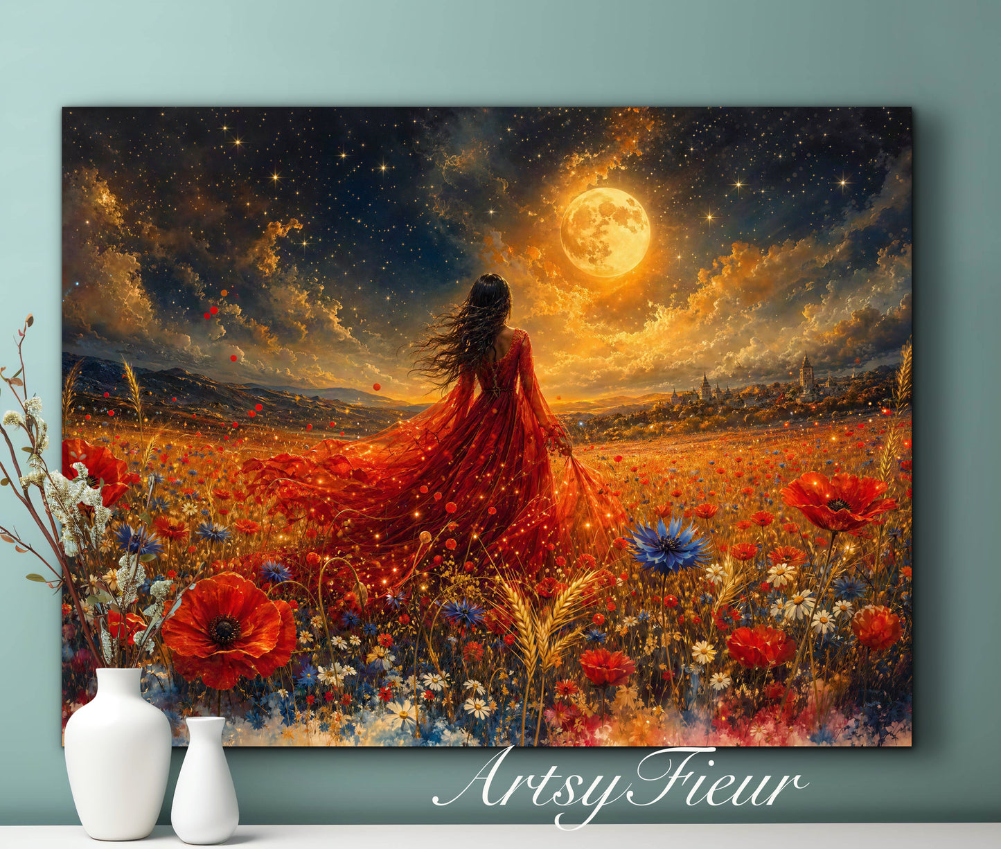 Framed Canvas - Vibrant poppies and wildflowers Whimsical Full Moon starry night sky Bride in Poppy Field, Wall Art Ready to hang original Artwork Print Red Dress