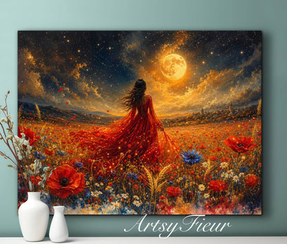 Framed Canvas - Vibrant poppies and wildflowers Whimsical Full Moon starry night sky Bride in Poppy Field, Wall Art Ready to hang original Artwork Print Red Dress