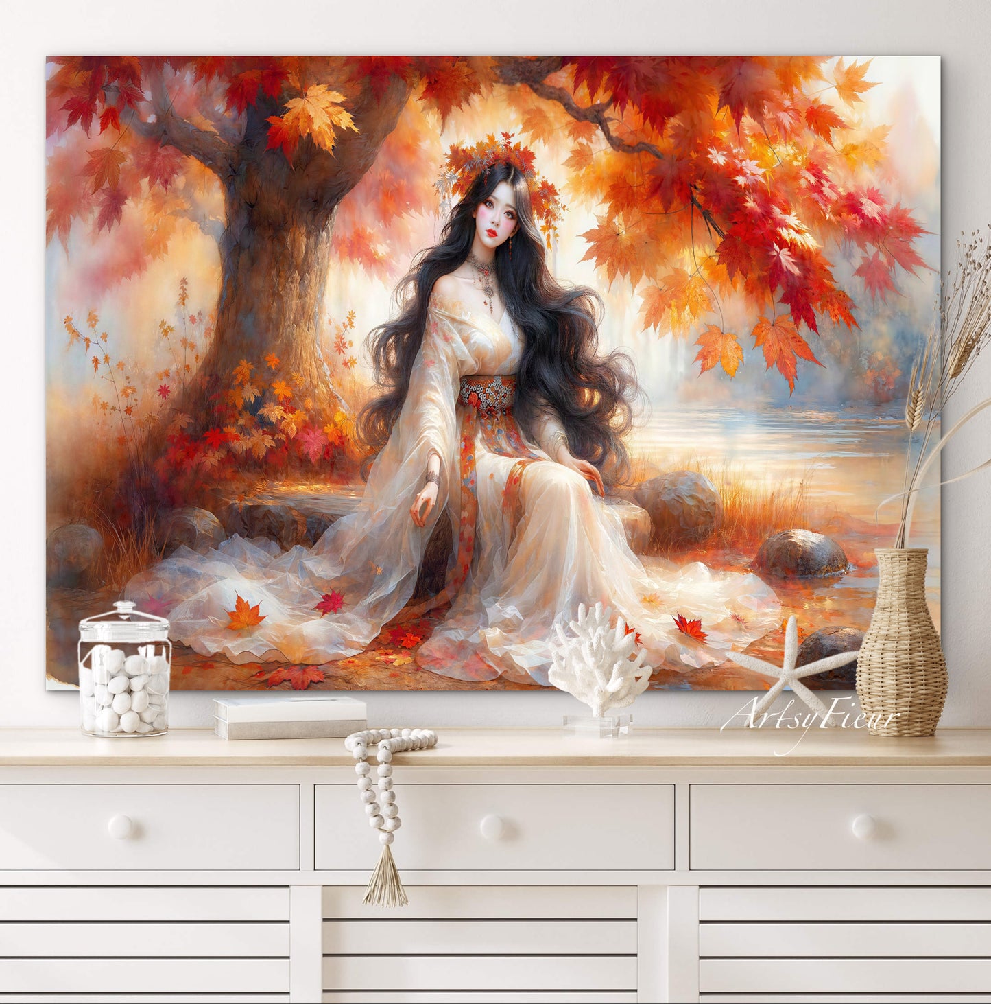 Framed Canvas- Vibrant Colours Beautiful Brunette Asian Woman Under the Maple Tree Abstract Portrait Original Artwork Fantasy Autumn Wall Art Print