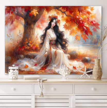 Framed Canvas- Vibrant Colours Beautiful Brunette Asian Woman Under the Maple Tree Abstract Portrait Original Artwork Fantasy Autumn Wall Art Print
