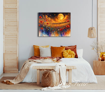 Framed Canvas Print- Vibrant Wildflowers and Poppies Oil Painting Textured Wall Art , Beautiful Original Artwork Ready to Hang Living Room, Floral