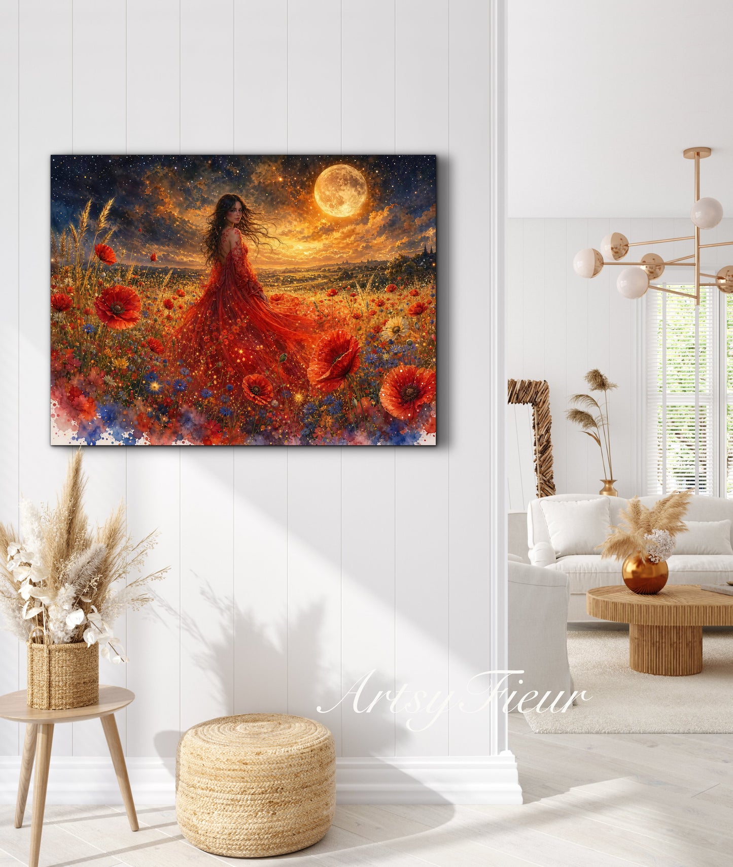 Framed Canvas - Vibrant poppies and wildflowers Whimsical Full Moon starry night sky Bride in Poppy Field, Wall Art Ready to hang original Artwork Print Red Dress
