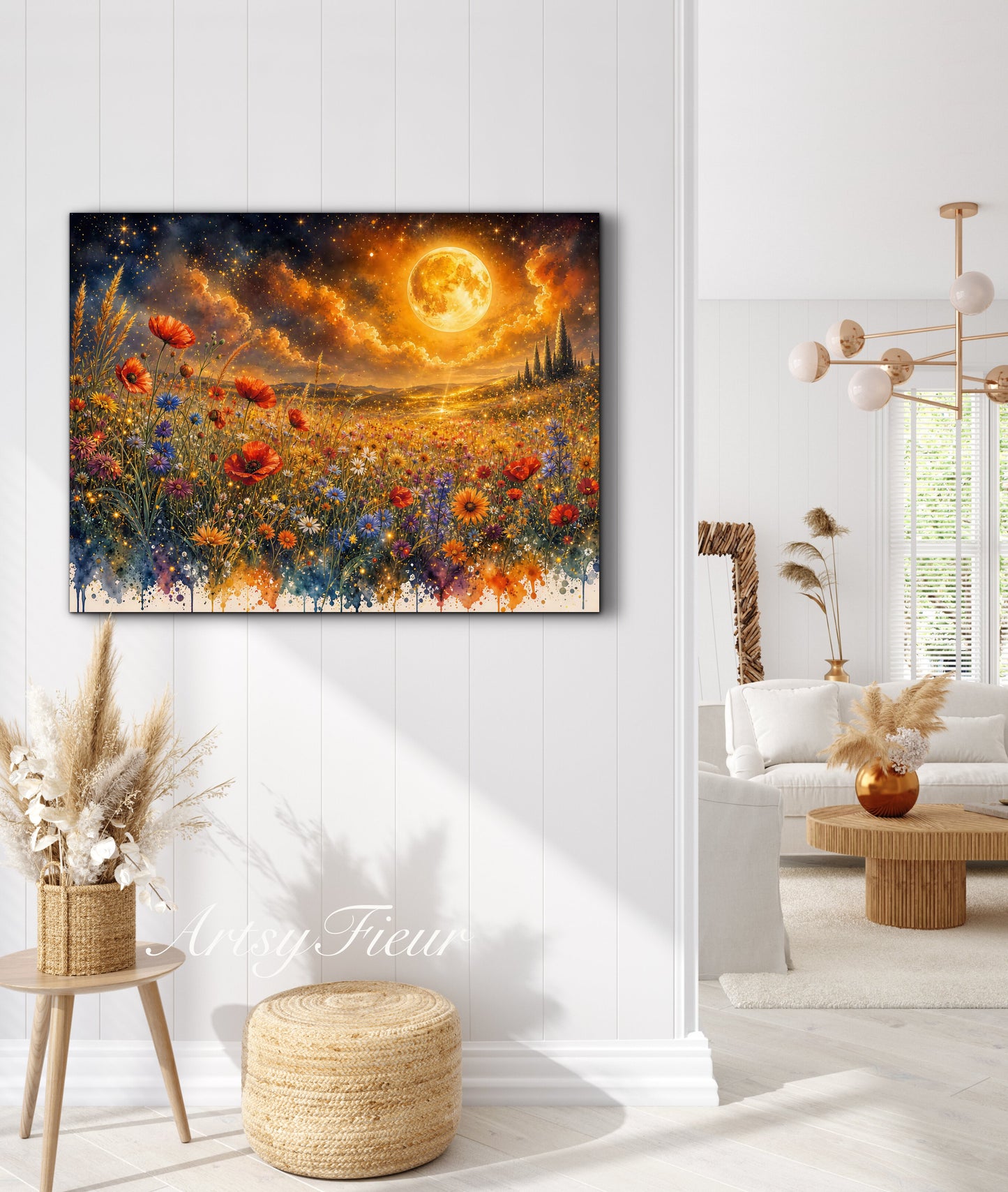Framed Canvas Print- Vibrant Wildflowers and Poppies Oil Painting Textured Wall Art , Beautiful Original Artwork Ready to Hang Living Room, Floral