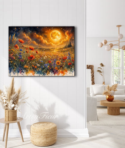 Framed Canvas Print- Vibrant Wildflowers and Poppies Oil Painting Textured Wall Art , Beautiful Original Artwork Ready to Hang Living Room, Floral