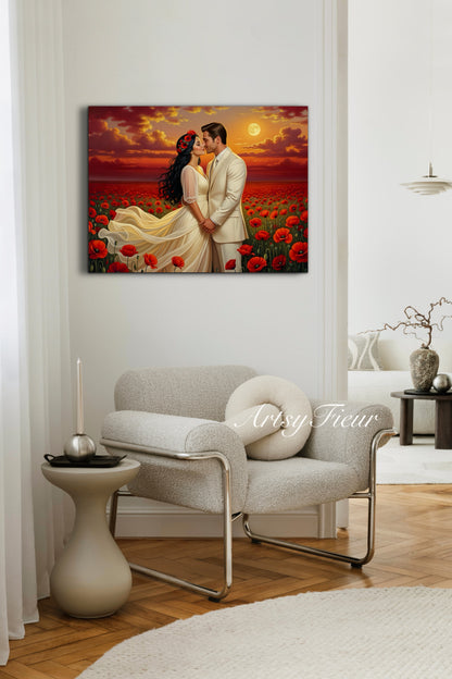 Framed canvas- whimsical full moon sunset bride and groom, wedding, poppy field, vibrant colours living room original artwork, fantasy oil painting wall art print