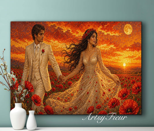 Framed canvas- whimsical full moon sunset -bride and groom, wedding, fantasy oil painting wall art print