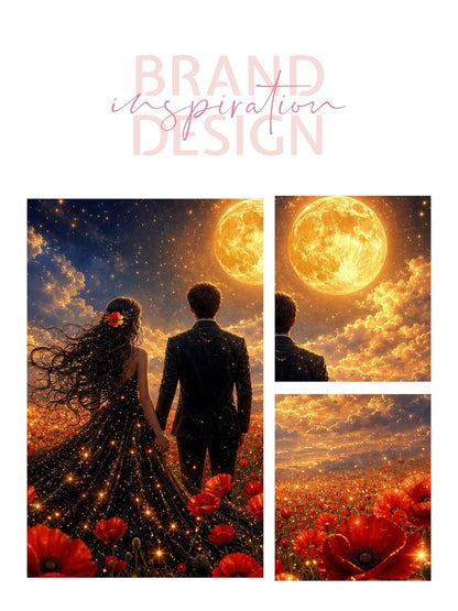 Framed canvas- whimsical full moon sunset bride and groom, black wedding dress poppy field, vibrant colours living room original artwork, fantasy oil painting wall art print