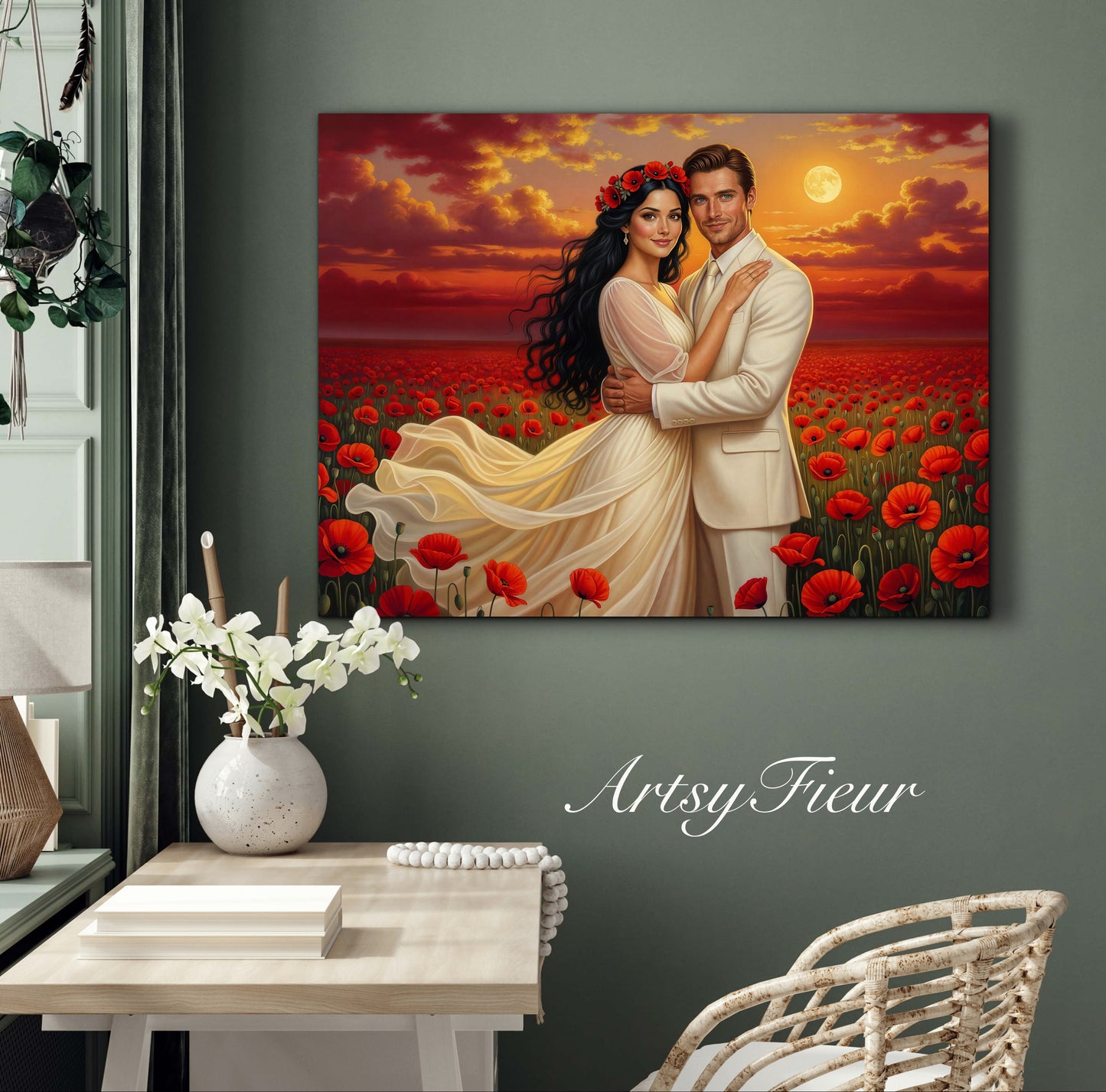 Framed canvas- whimsical full moon sunset bride and groom, wedding, poppy field, vibrant colours living room original artwork, fantasy oil painting wall art print