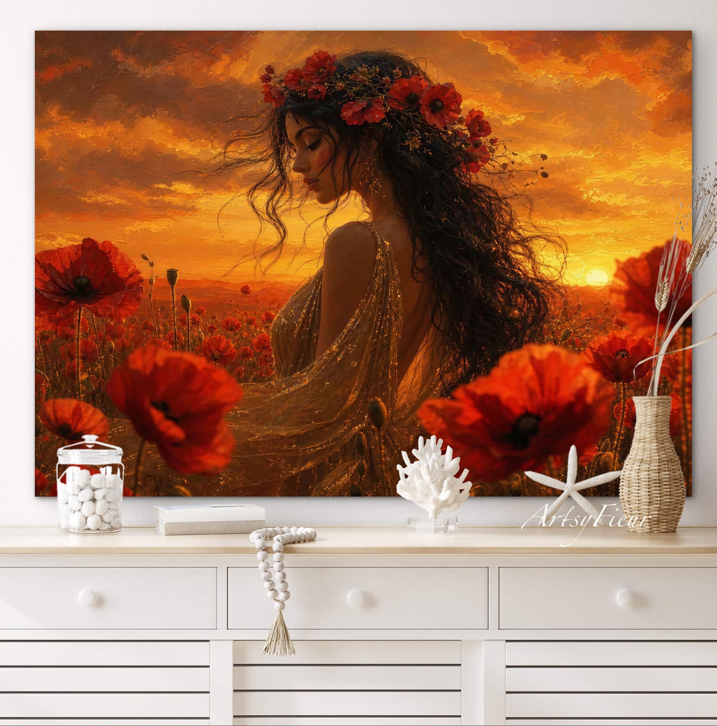 Framed Canvas - Vibrant Poppies Whimsical Full Moon Bride in Poppy Field, Wall Art Ready to hang Oil Painting Original Artwork Print