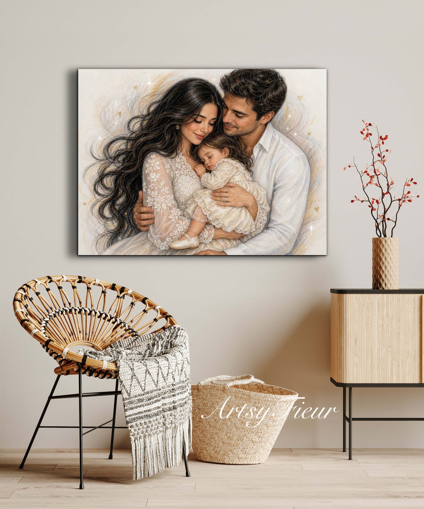 Framed Canvas- Vibrant Mother and Daughter Dad Family Portrait Fantasy Drawing Wall Art Print