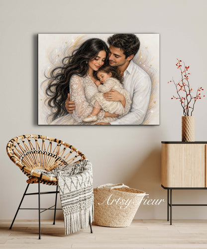 Framed Canvas- Vibrant Mother and Daughter Dad Family Portrait Fantasy Drawing Wall Art Print