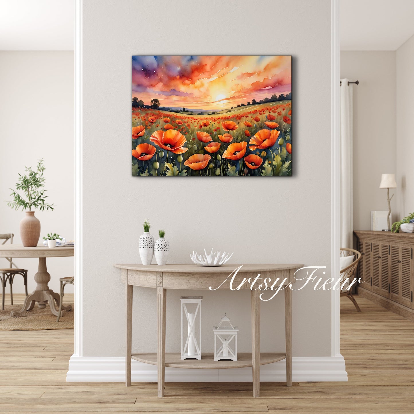 Framed canvas- ready to hand wall art print, beautiful vibrant colours watercolour fantasy painting poppy field at sunset flowers , floral field landscape, unique gift,  one of a kind original artwork
