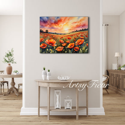 Framed canvas- ready to hand wall art print, beautiful vibrant colours watercolour fantasy painting poppy field at sunset flowers , floral field landscape, unique gift,  one of a kind original artwork