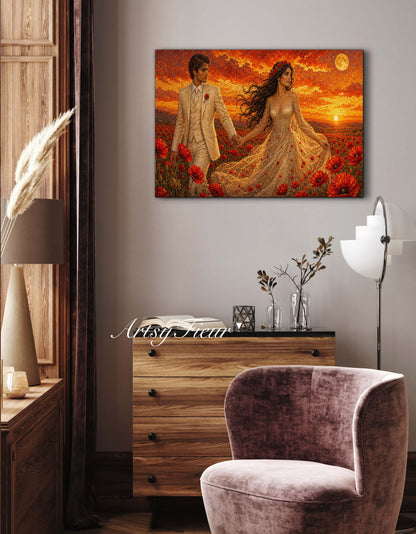 Framed canvas- whimsical full moon sunset -bride and groom, wedding, fantasy oil painting wall art print