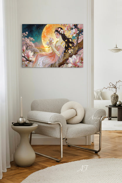Framed Canvas- Vibrant Magnolia Flowers Beautiful Brunette Woman’s Abstract Portrait Mosaic Original Artwork Fantasy Wall Art Print
