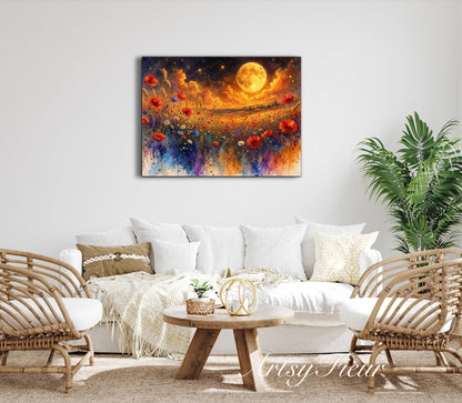 Framed Canvas Print- Vibrant Wildflowers and Poppies Oil Painting Textured Wall Art , Beautiful Original Artwork Ready to Hang Living Room, Floral