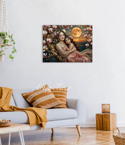 Framed Canvas- Vibrant Magnolia Flowers Mother and Daughter Portrait Original ArtworkFantasy Wall Art