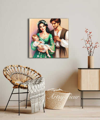 Framed canvas- ready to hang wall art print, colourful drawing abstract family portrait mother and daughter colourful drawing