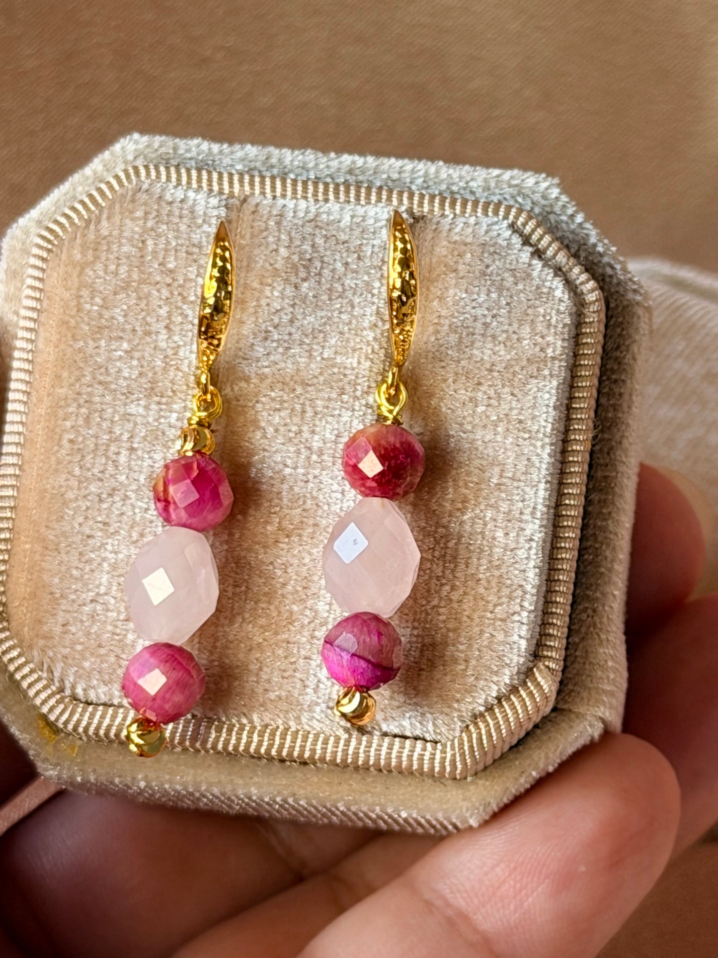 Rose Quartz Earrings Pink Tigers Eye Natural Gemstone Dangle Drop Long Earrings Hypoallergenic