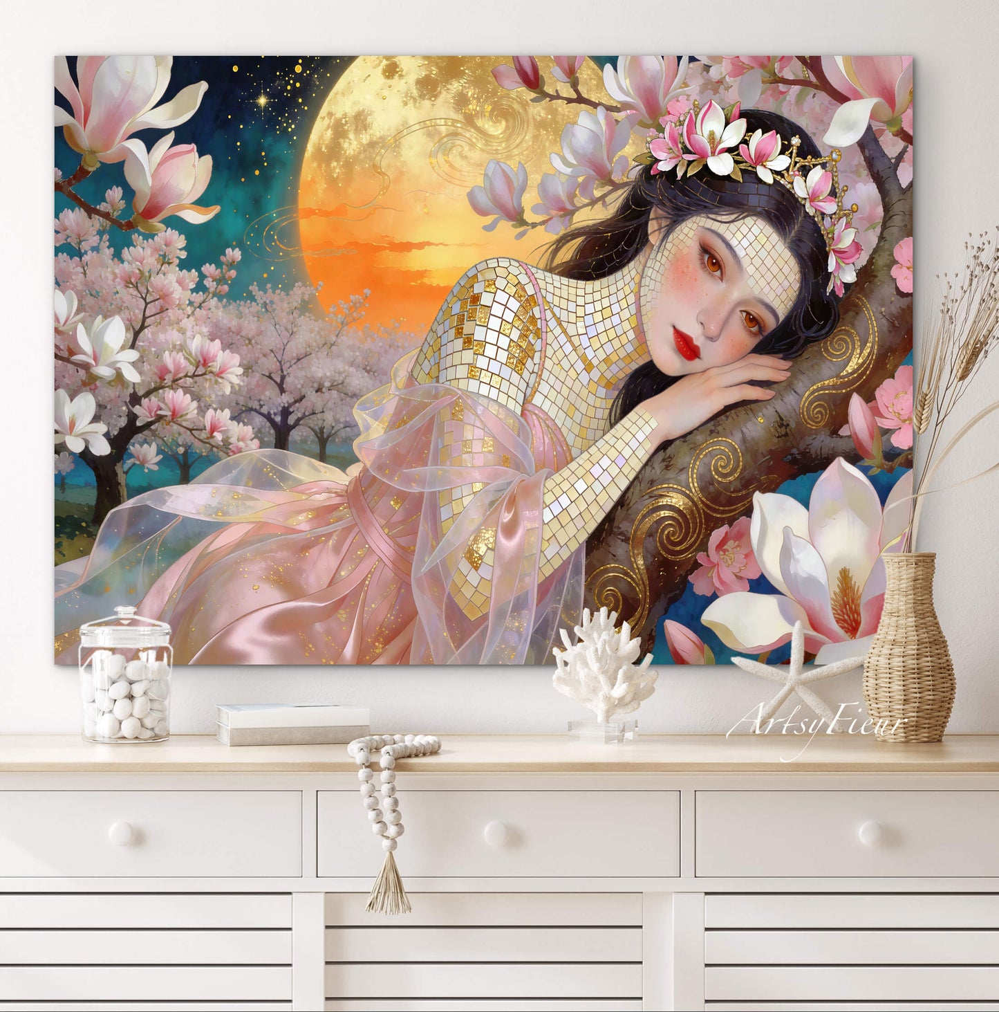 Framed Canvas- Vibrant Magnolia Flowers Beautiful Brunette Woman’s Abstract Portrait Mosaic Original Artwork Fantasy Wall Art Print